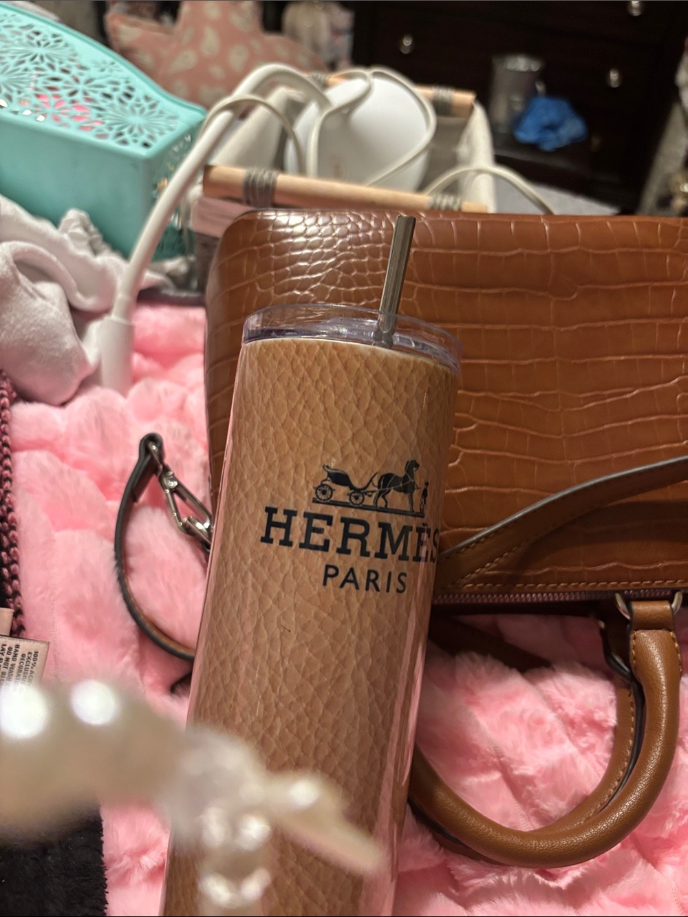 Tan Leather-Textured Travel Tumbler